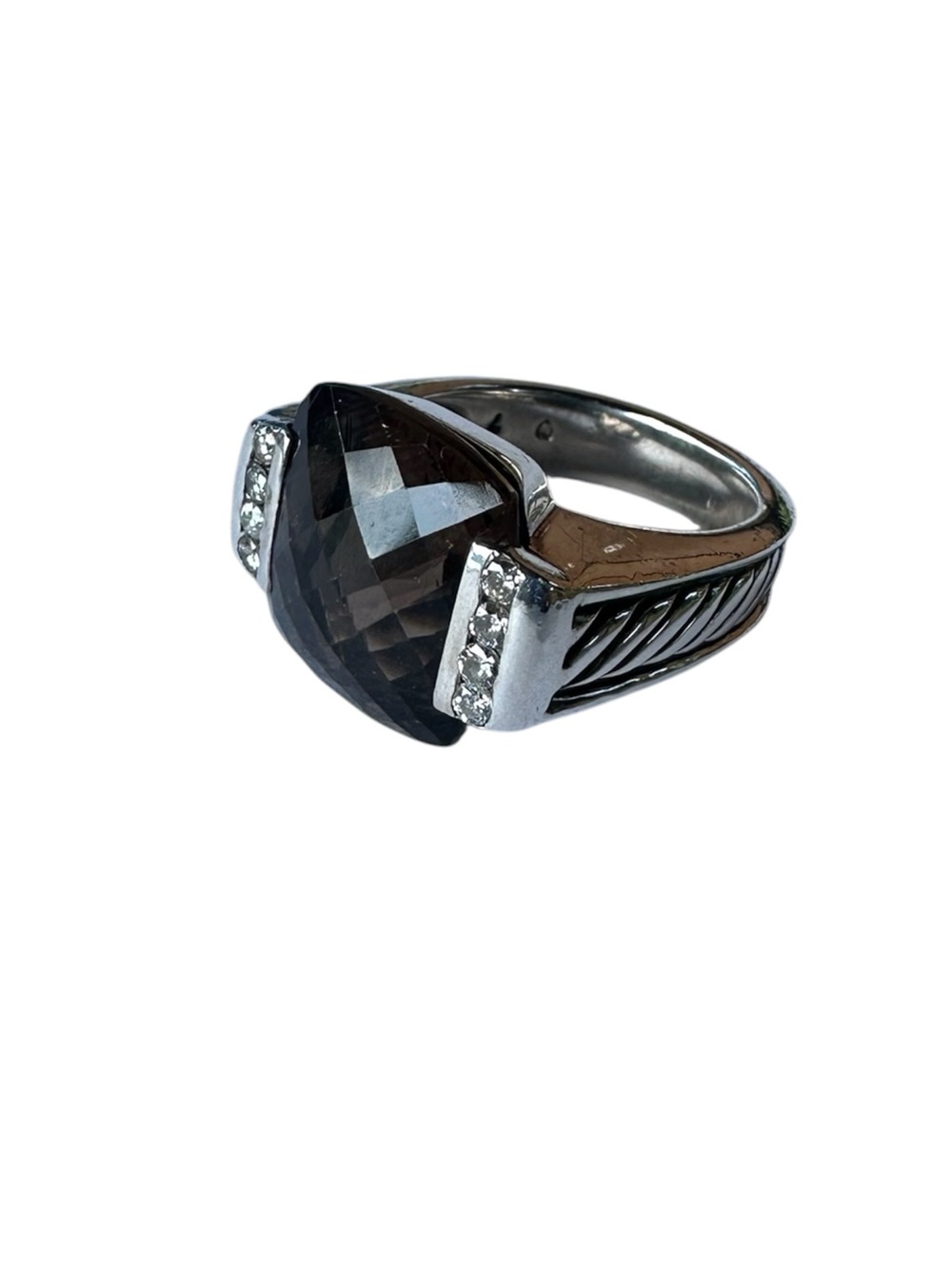 David Yurman Silver Diamond Deco Smoky Quartz Ring size 7